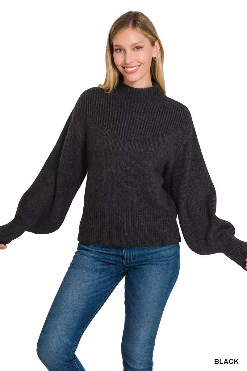 Zenana Balloon Sleeve Mock Neck Sweater - Trendsi - Flyclothing LLC