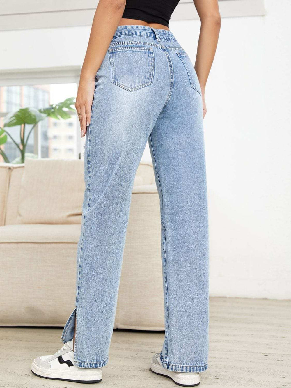 Distressed Slit Straight Leg Jeans - Trendsi - Flyclothing LLC