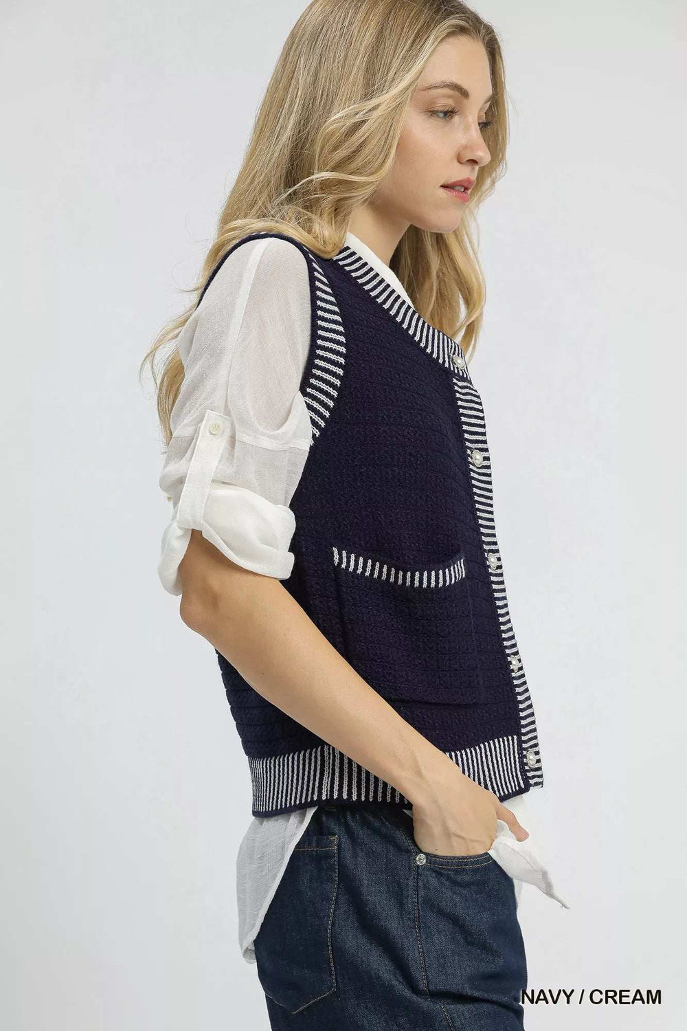 Umgee Contrast Striped Trim Button-Down Sweater Vest - Trendsi - Flyclothing LLC