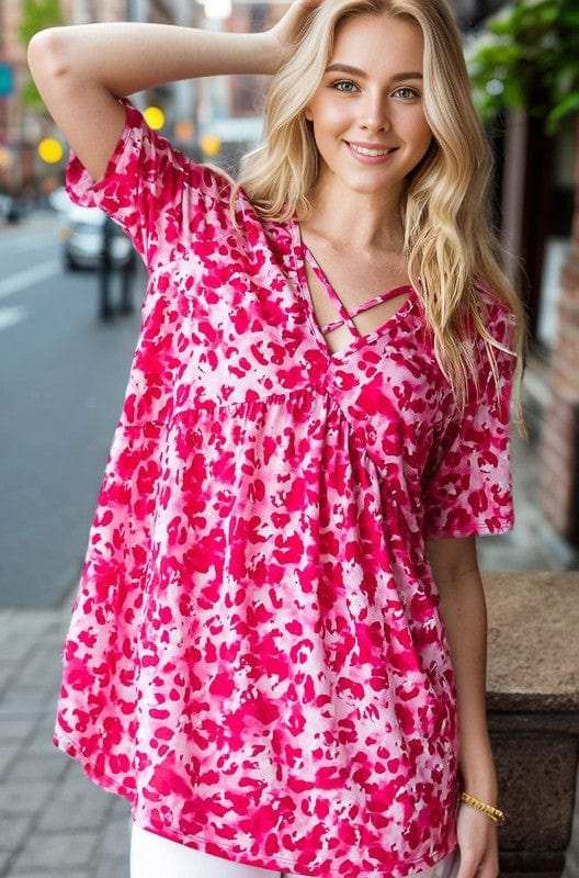 Heimish Full Size Short Sleeve Crisscross Animal Babydoll Top Plus Size - Trendsi - Flyclothing LLC