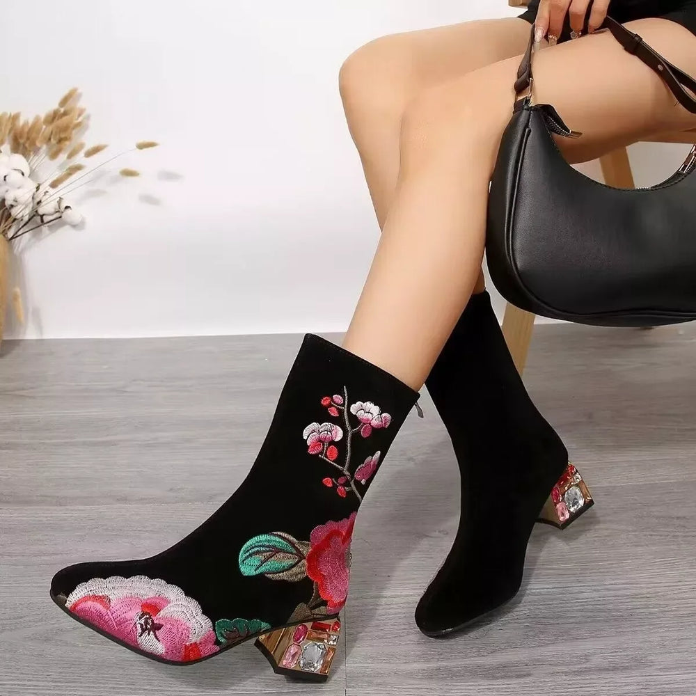 Floral Embroidered Rhinestone Block Heel Boots - Trendsi - Flyclothing LLC