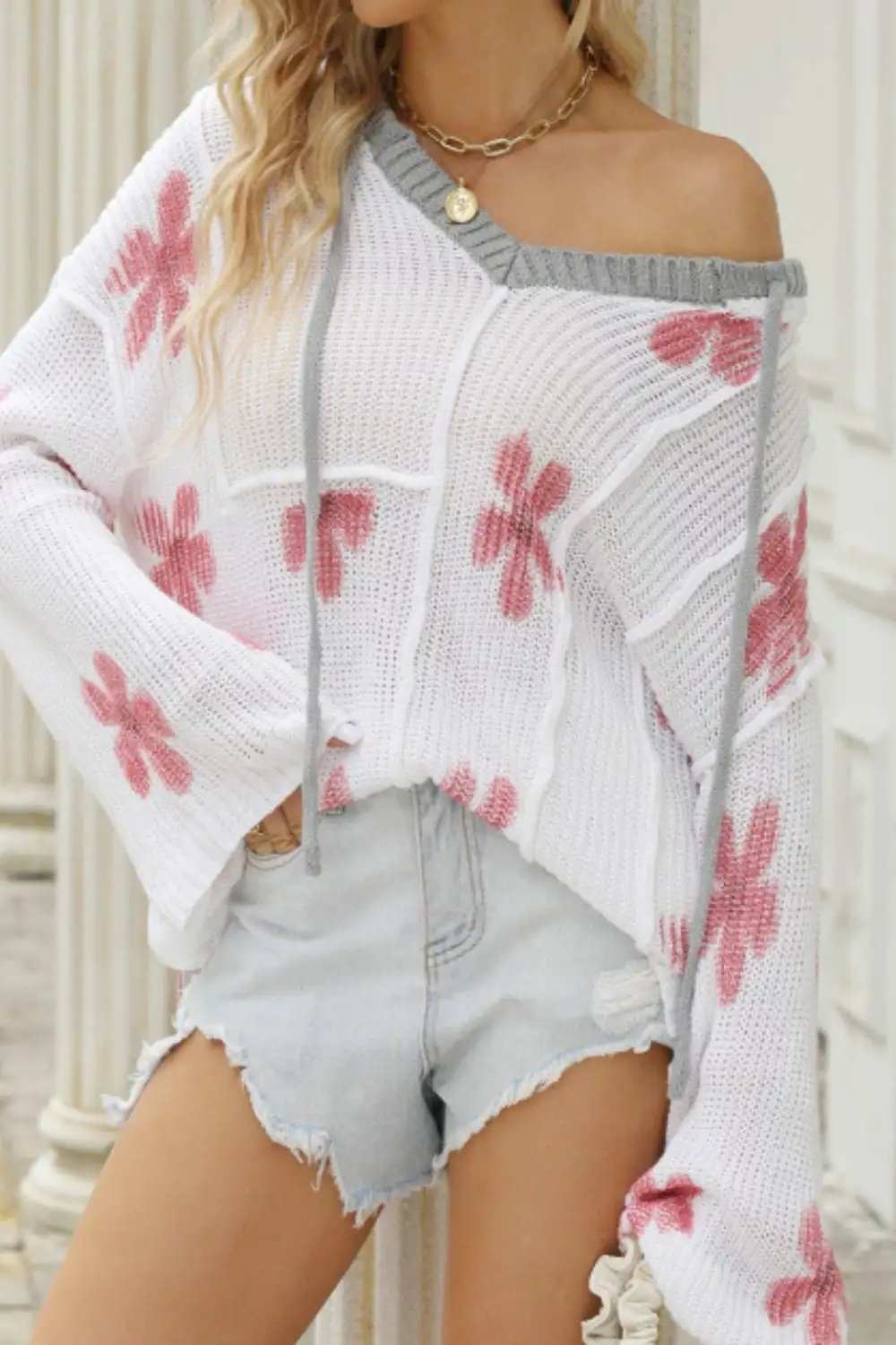 Drawstring Flower Hooded Knit Top - Trendsi - Flyclothing LLC