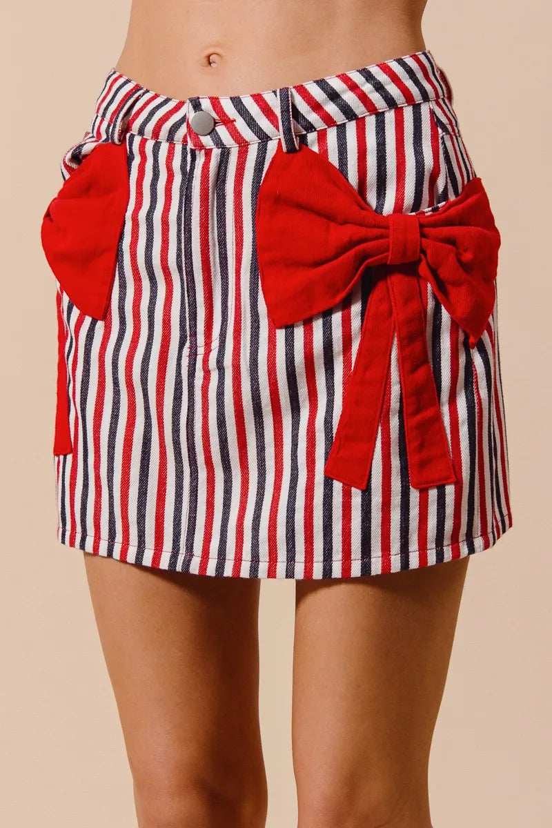SO ME Contrast Bow Knot Pocket Fourth Of July Denim Skirt - Trendsi - Flyclothing LLC