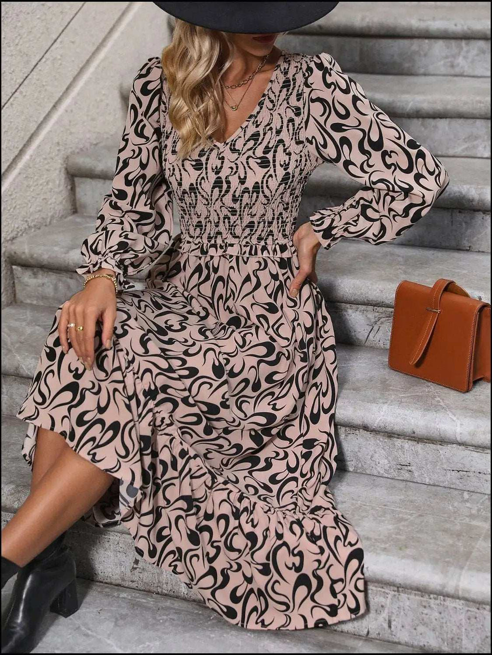 Printed V-Neck Long Sleeve Midi Dress - Trendsi - Flyclothing LLC