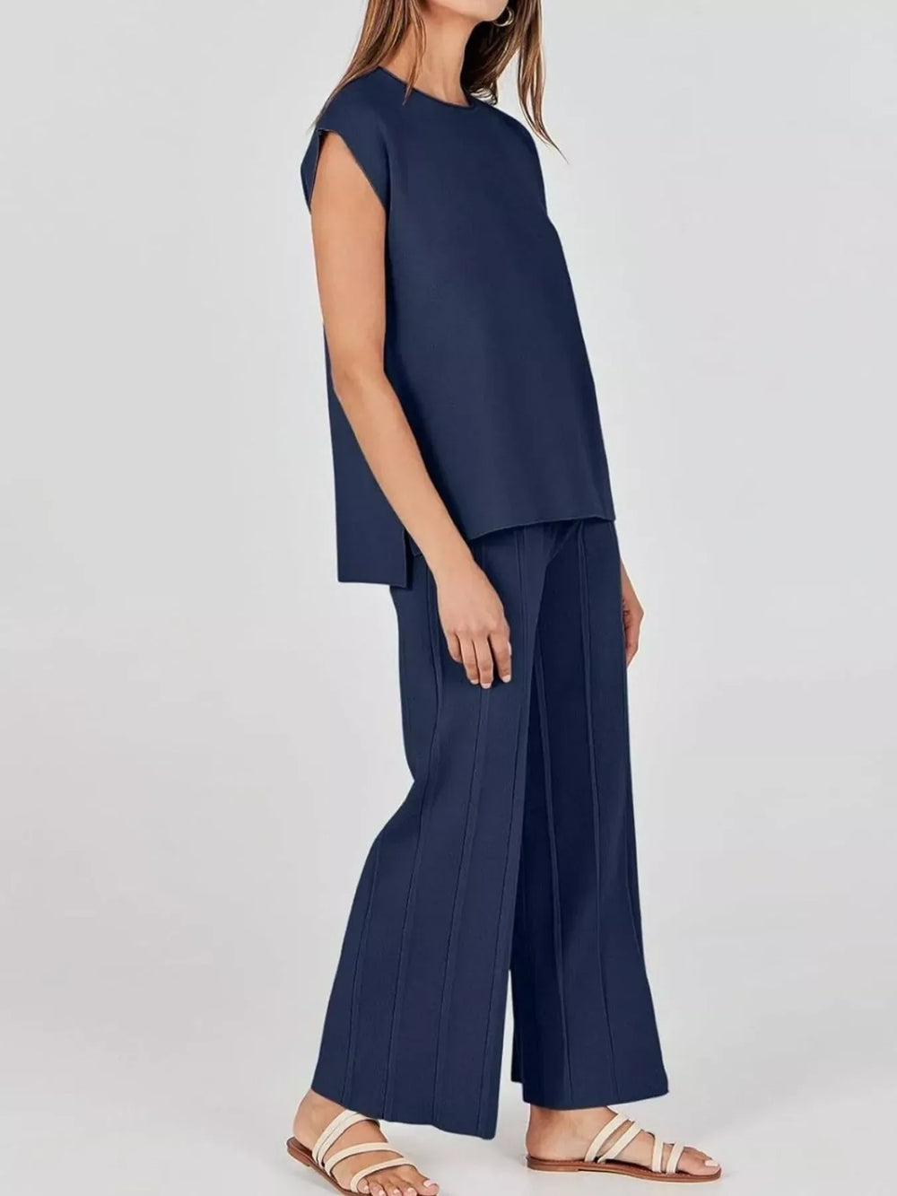 Casual Solid Color Cap Sleeve Top and Pants Knit Set - Trendsi - Flyclothing LLC