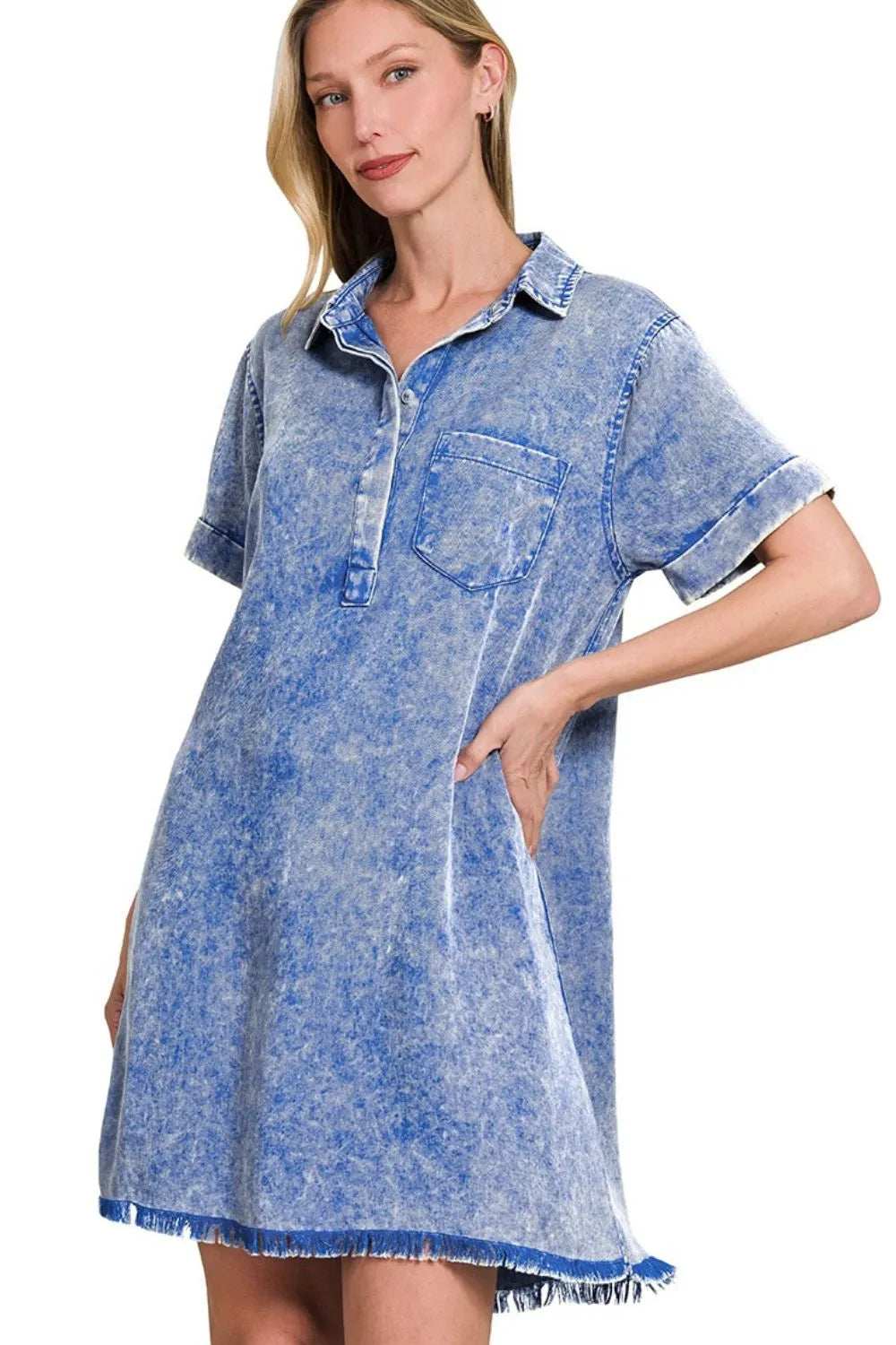 Zenana Tencel Mineral Washed Collared Shirts Dress - Trendsi - Flyclothing LLC