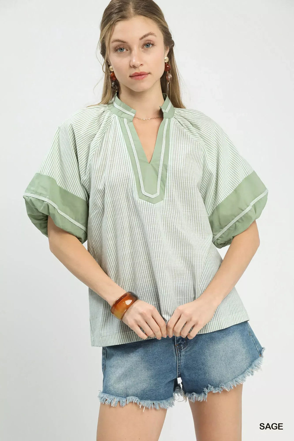 Umgee Striped Mixed Puff Sleeve Blouse - Trendsi - Flyclothing LLC