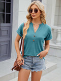Decorative Button Notched Short Sleeve T-Shirt - Trendsi - Flyclothing LLC