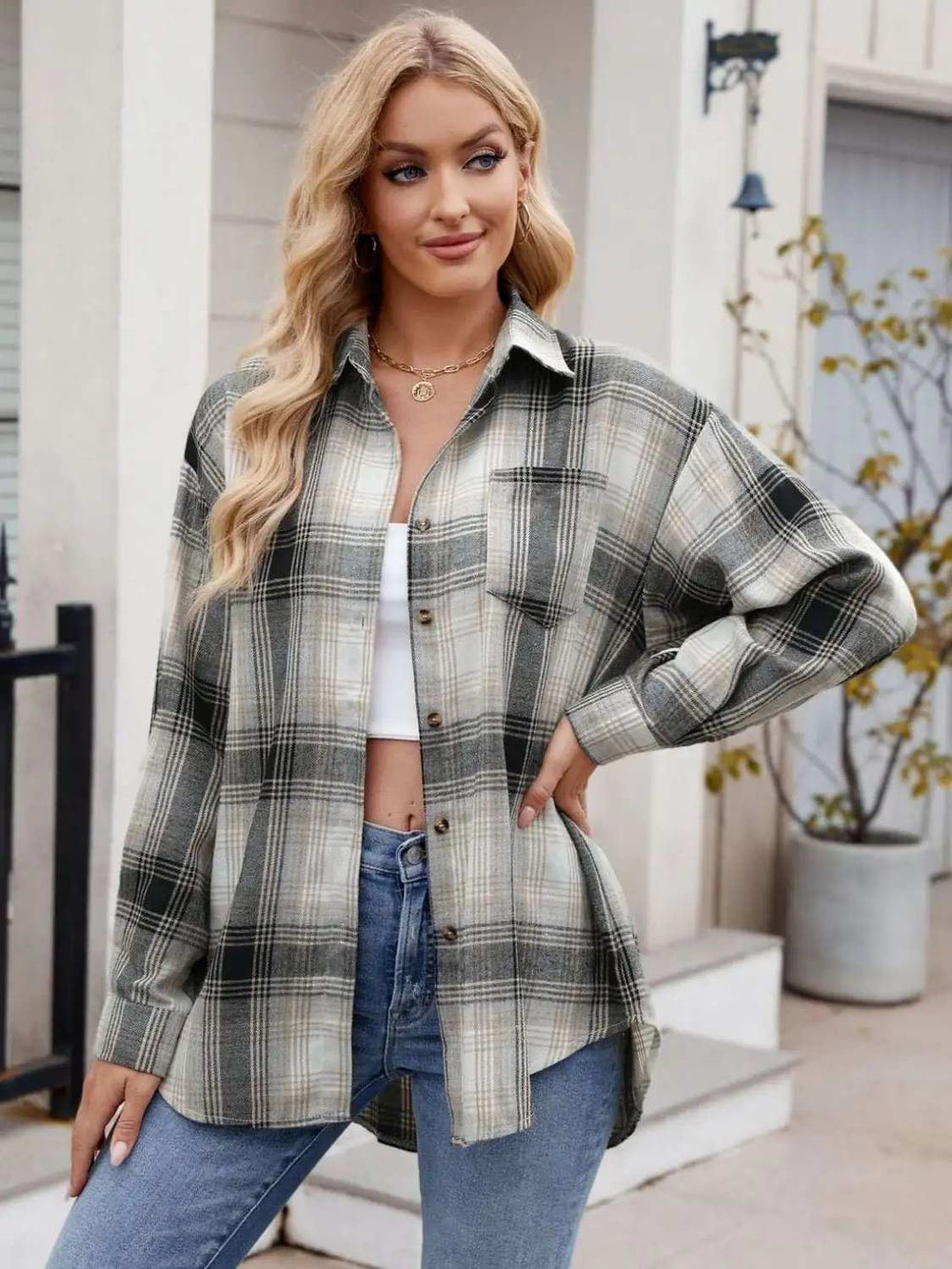 Plaid Collared Neck Long Sleeve Shirt - Trendsi - Flyclothing LLC