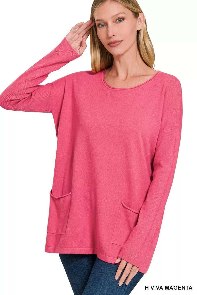 Zenana Viscose Long Sleeve Front Pockets Sweater - Trendsi - Flyclothing LLC