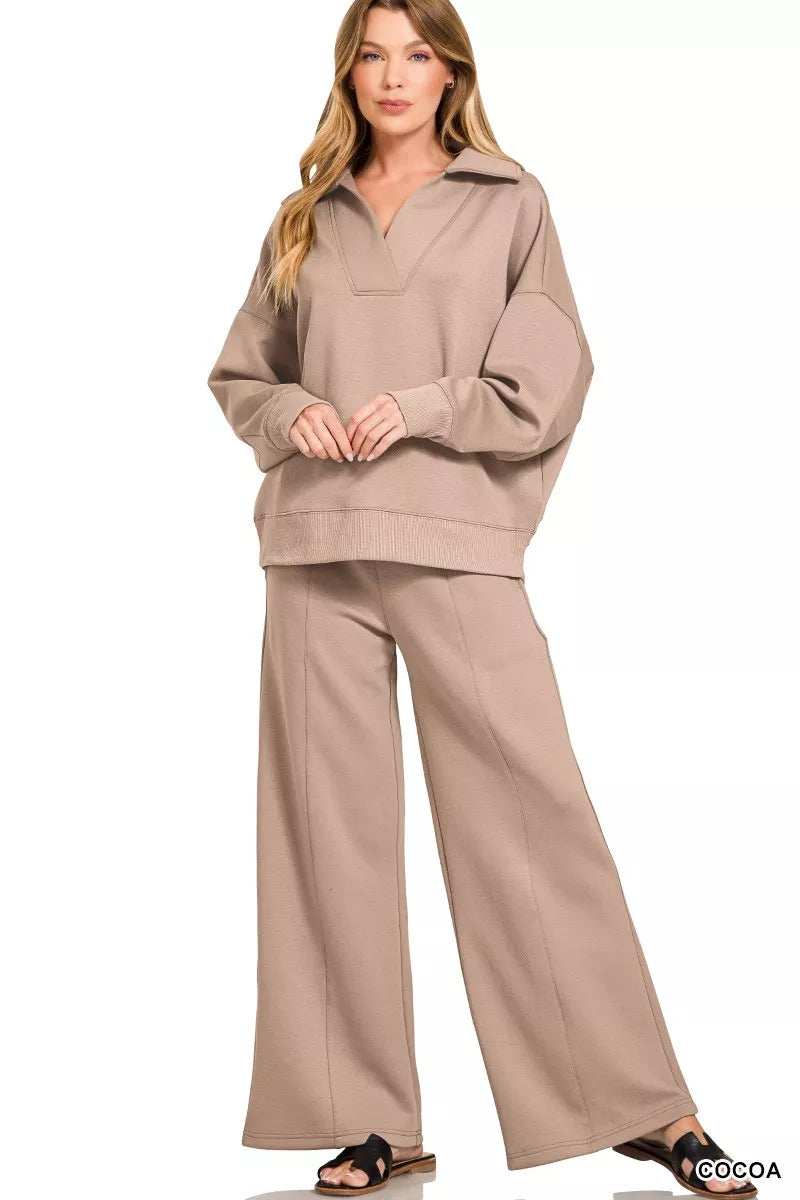 Zenana Scuba Collared Pullover and Pants Set - Trendsi - Flyclothing LLC
