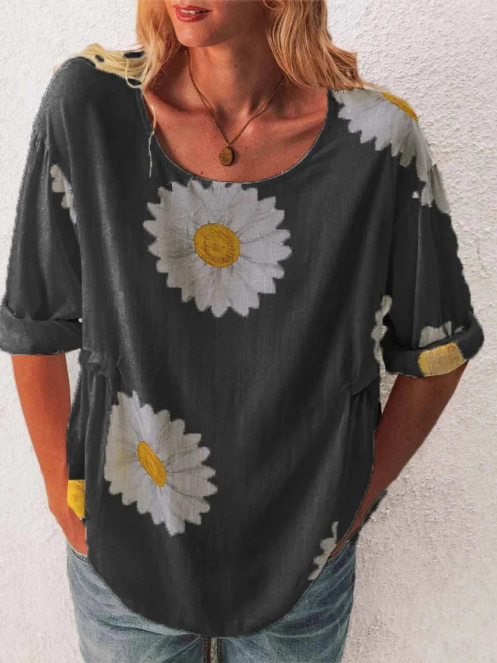 Full Size Flower Round Neck Half Sleeve T-Shirt Plus Size - Trendsi - Flyclothing LLC