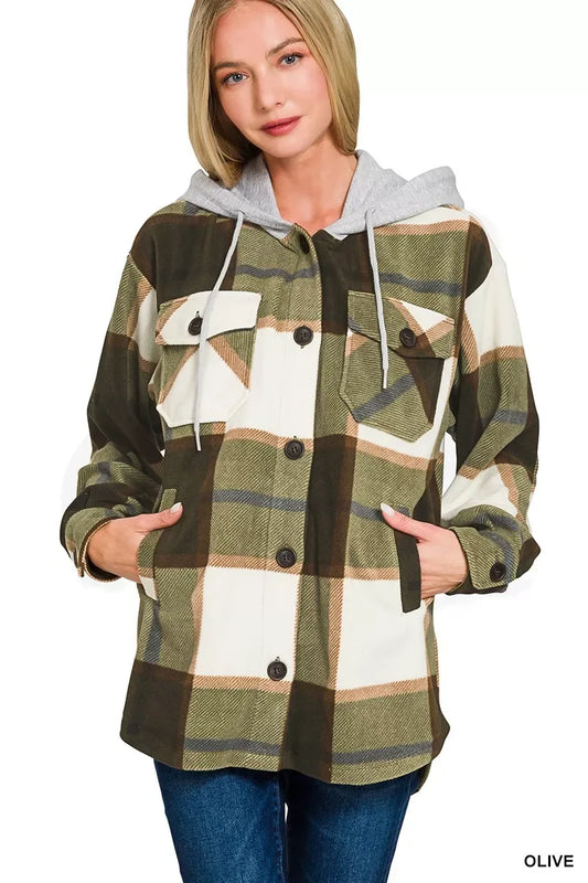 Zenana Plaid Drawstring Hooded Fleece Shacket - Trendsi - Flyclothing LLC