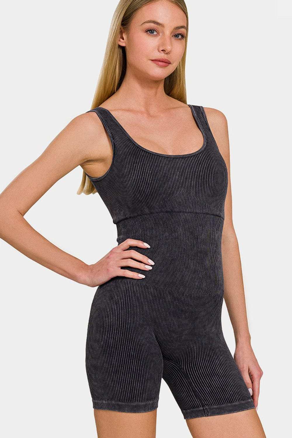 Zenana Washed Ribbed Romper with Pad - Trendsi - Flyclothing LLC