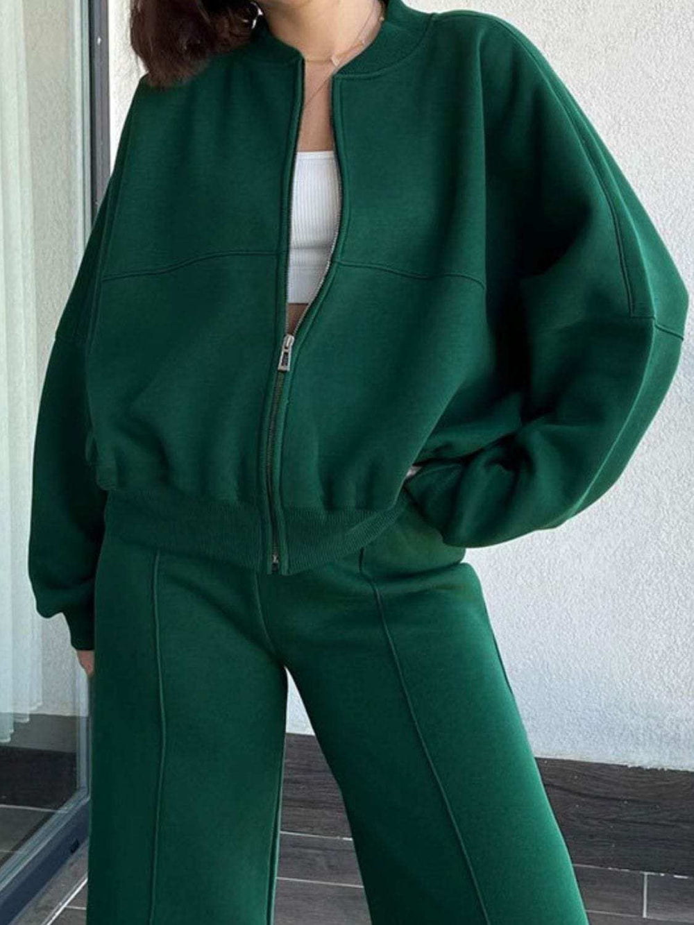 Baseball Collar Zip Up Top and Drawstring Paants Set - Trendsi - Flyclothing LLC