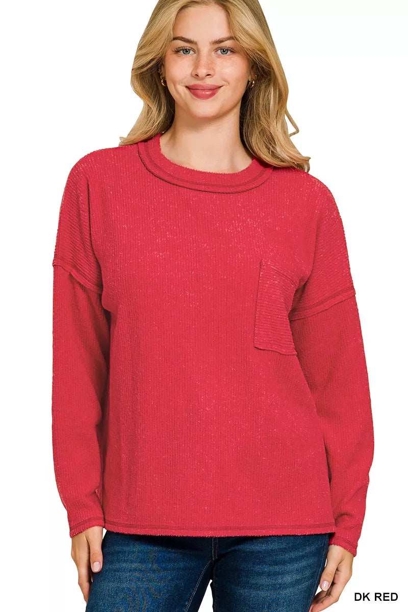 Zenana Ribbed Brushed Melange Hacci Sweater with Chest Pocket - Trendsi - Flyclothing LLC