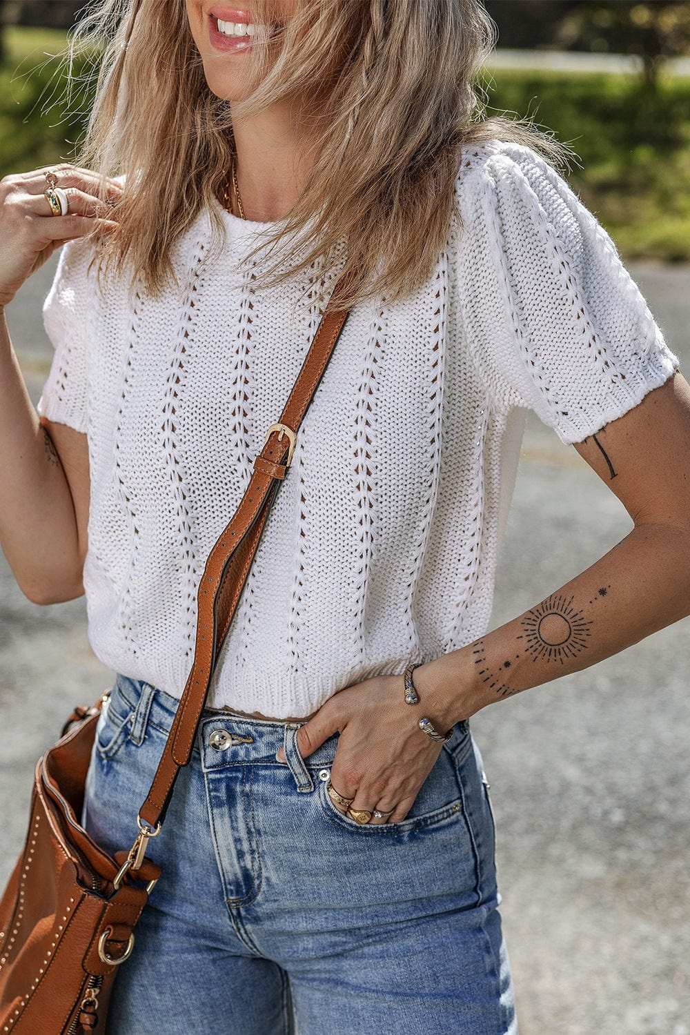 Openwork Round Neck Short Sleeve Knit Top - Trendsi - Flyclothing LLC