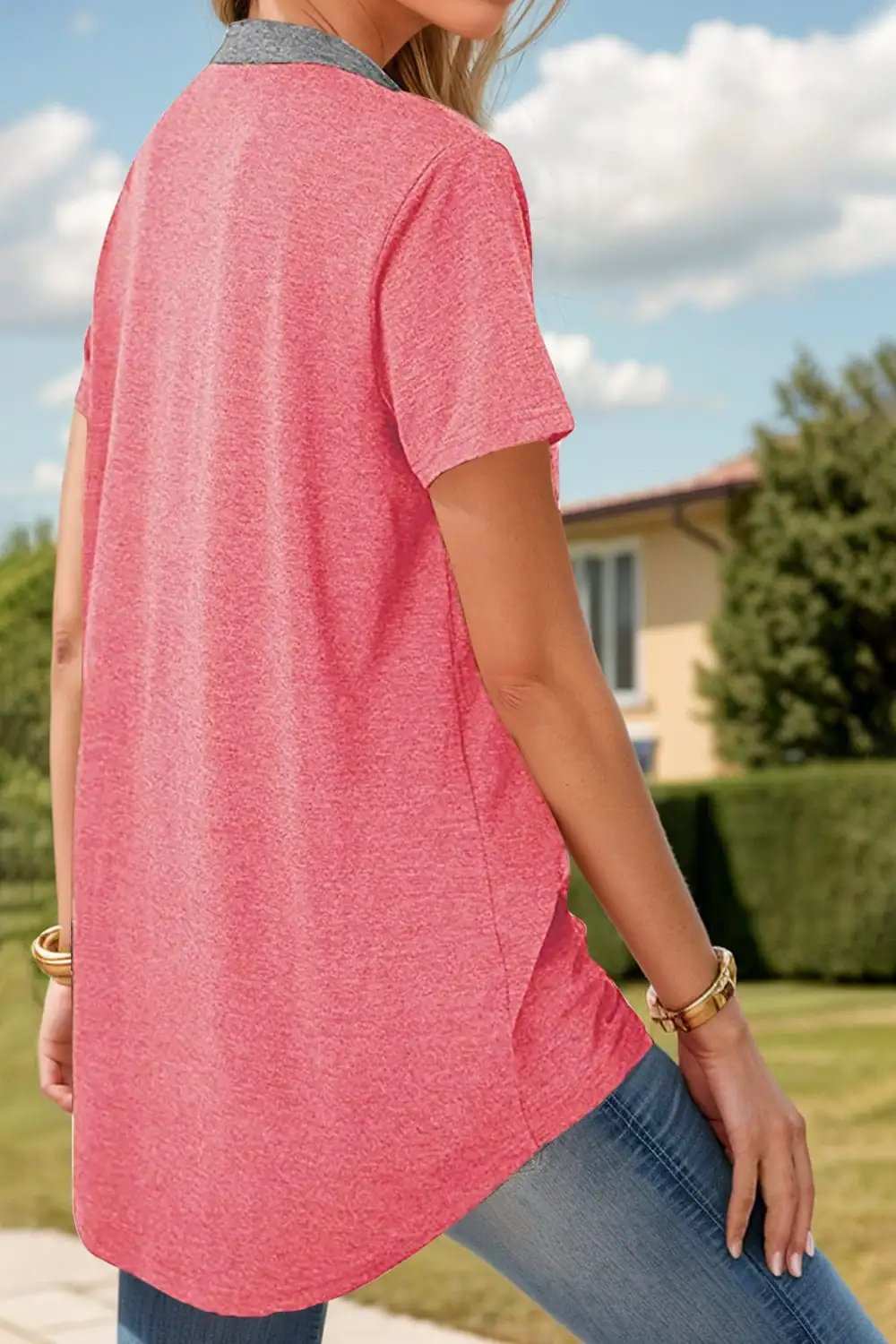 Full Size Half Button Short Sleeve T-Shirt - Trendsi - Flyclothing LLC