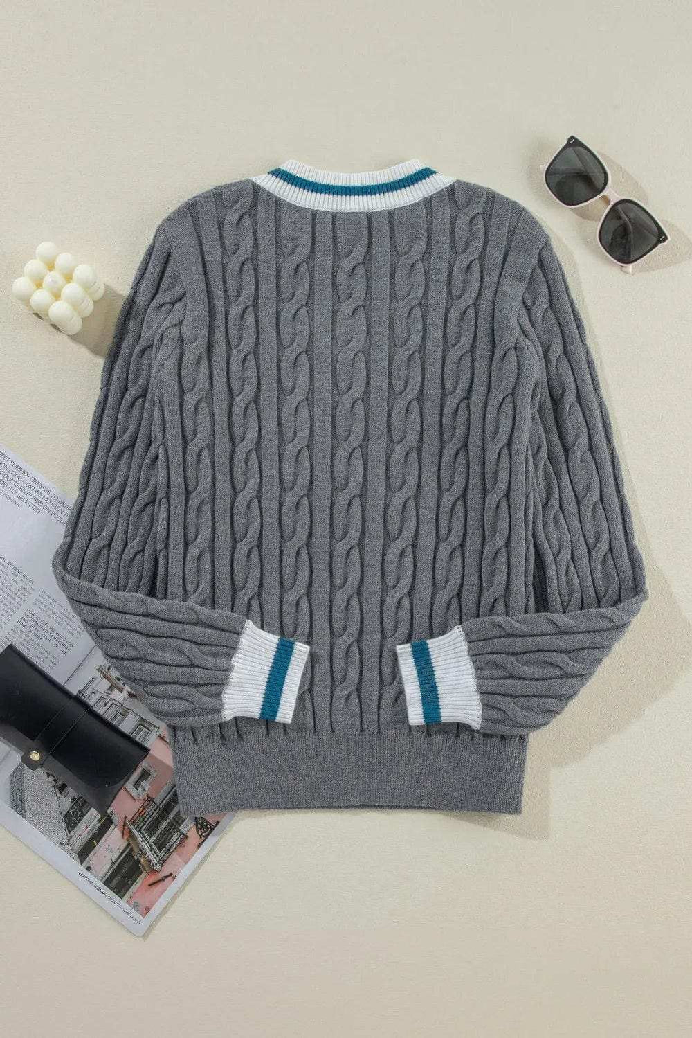 Cable-Knit V-Neck Long Sleeve Sweater - Trendsi - Flyclothing LLC