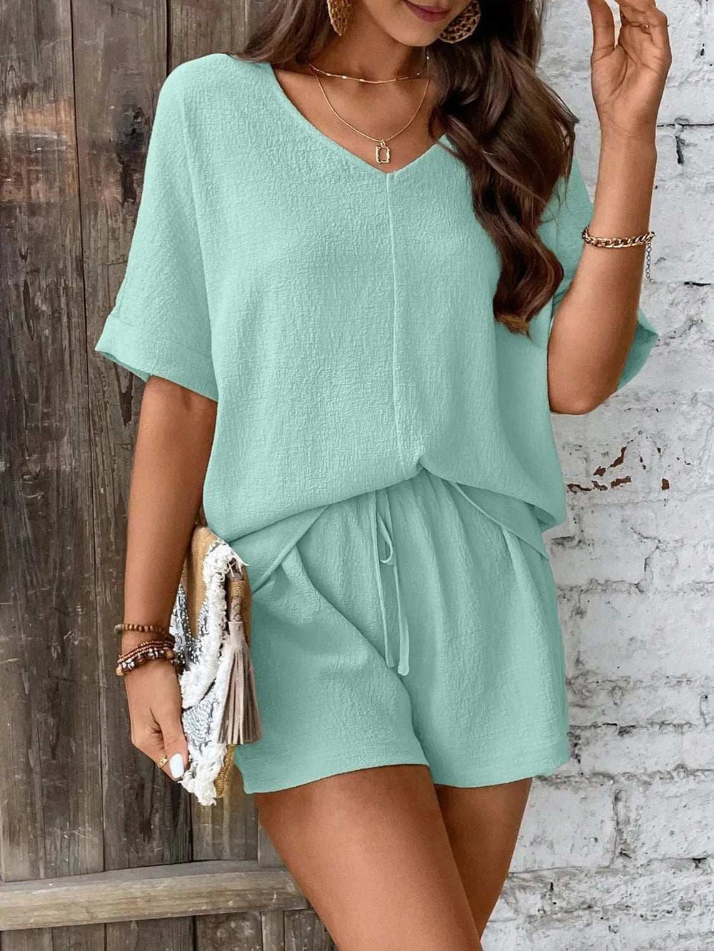 V-Neck Half Sleeve Top and Shorts Set - Trendsi - Flyclothing LLC