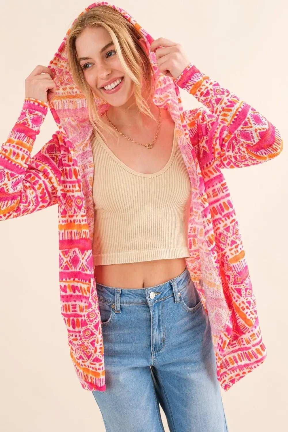 And The Why Full Size Printed Thermal Hooded Open Front Cardigan - Trendsi - Flyclothing LLC