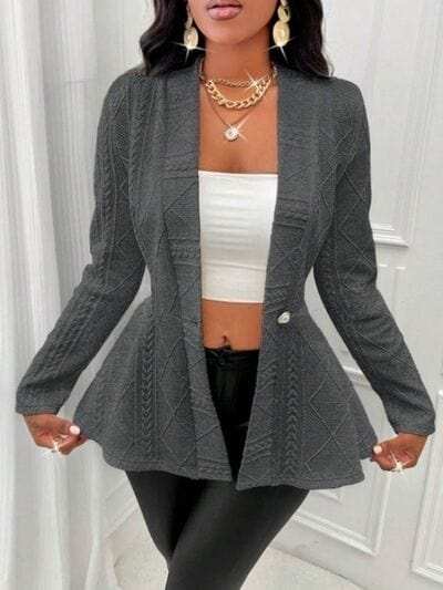 One Button Textured Peplum Cardigan - Trendsi - Flyclothing LLC
