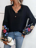 Embroidered Notched Long Sleeve Blouse - Trendsi - Flyclothing LLC