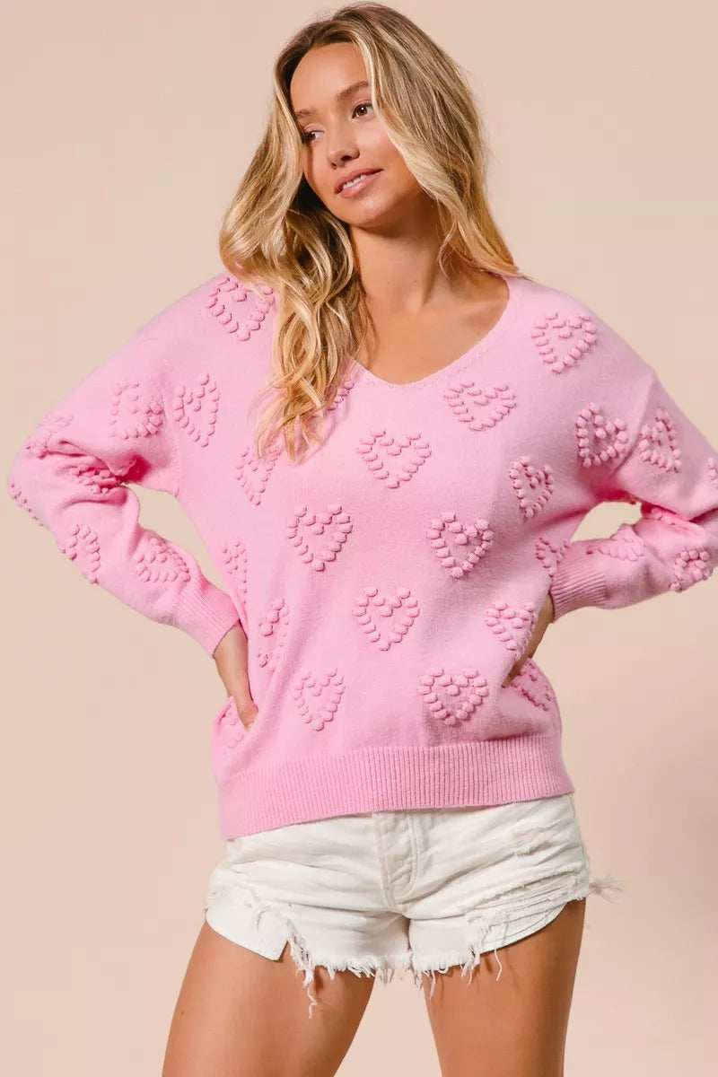 BiBi Valentines Heart Pompom V Neck Knit Top - Trendsi - Flyclothing LLC