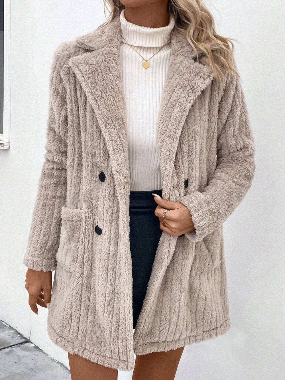 Fuzzy Button Up Long Sleeve Coat with Pockets - Trendsi - Flyclothing LLC