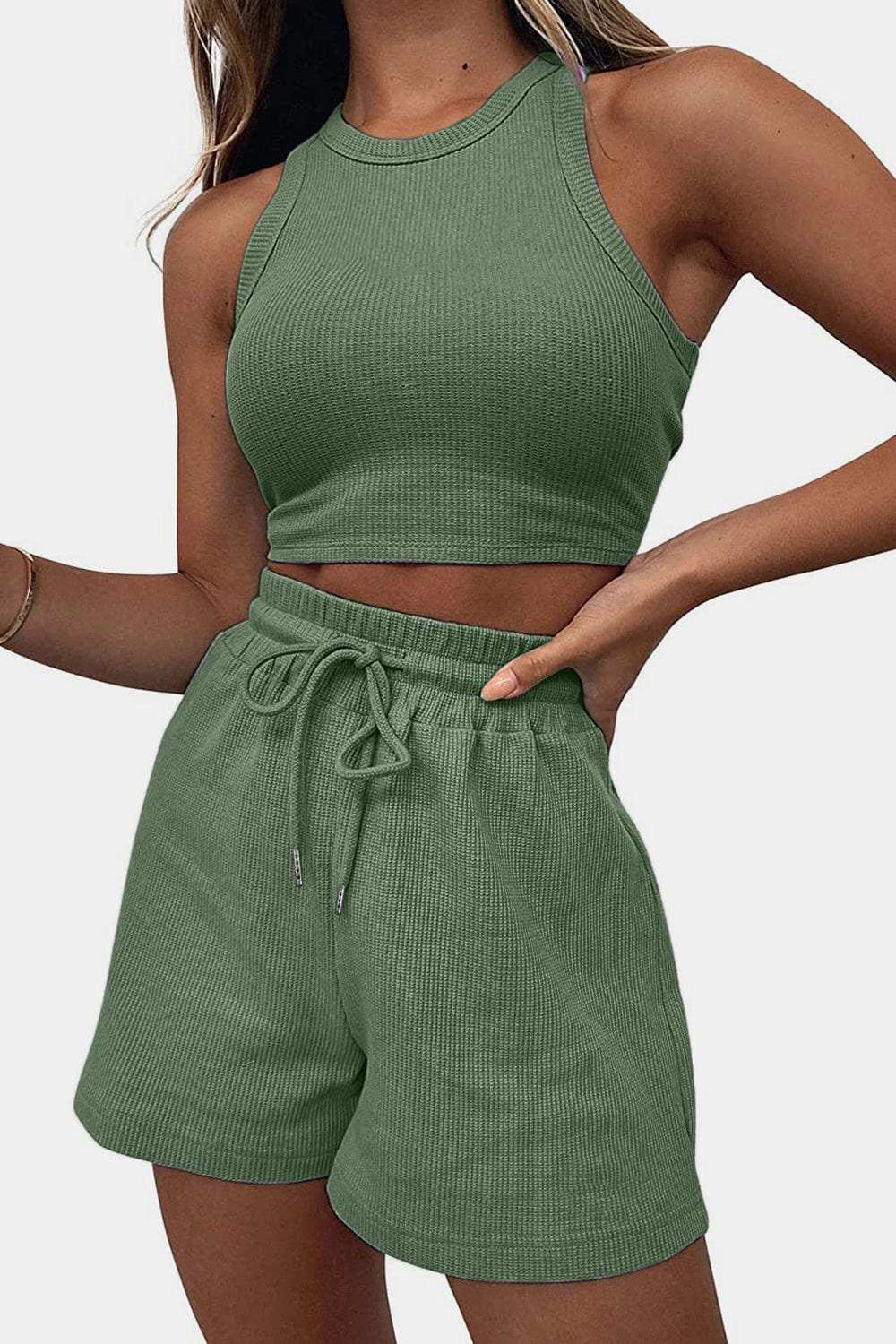 Round Neck Top and Drawstring Shorts Set - Trendsi - Flyclothing LLC