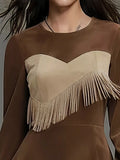 Fringe Trim Lantern Sleeve Mini Dress - Trendsi - Flyclothing LLC