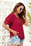 Swiss Dot V-Neck Short Sleeve Blouse - Trendsi - Flyclothing LLC