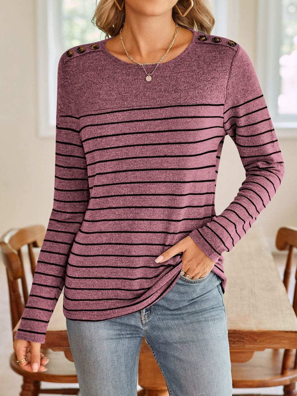 Lovelet Striped Round Neck Long Sleeve T-Shirt - Trendsi - Flyclothing LLC
