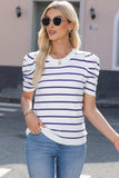 Striped Round Neck Puff Sleeve Knit Top - Trendsi - Flyclothing LLC