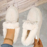 Bow Furry Round Toe Flat Slip-Ons - Trendsi - Flyclothing LLC