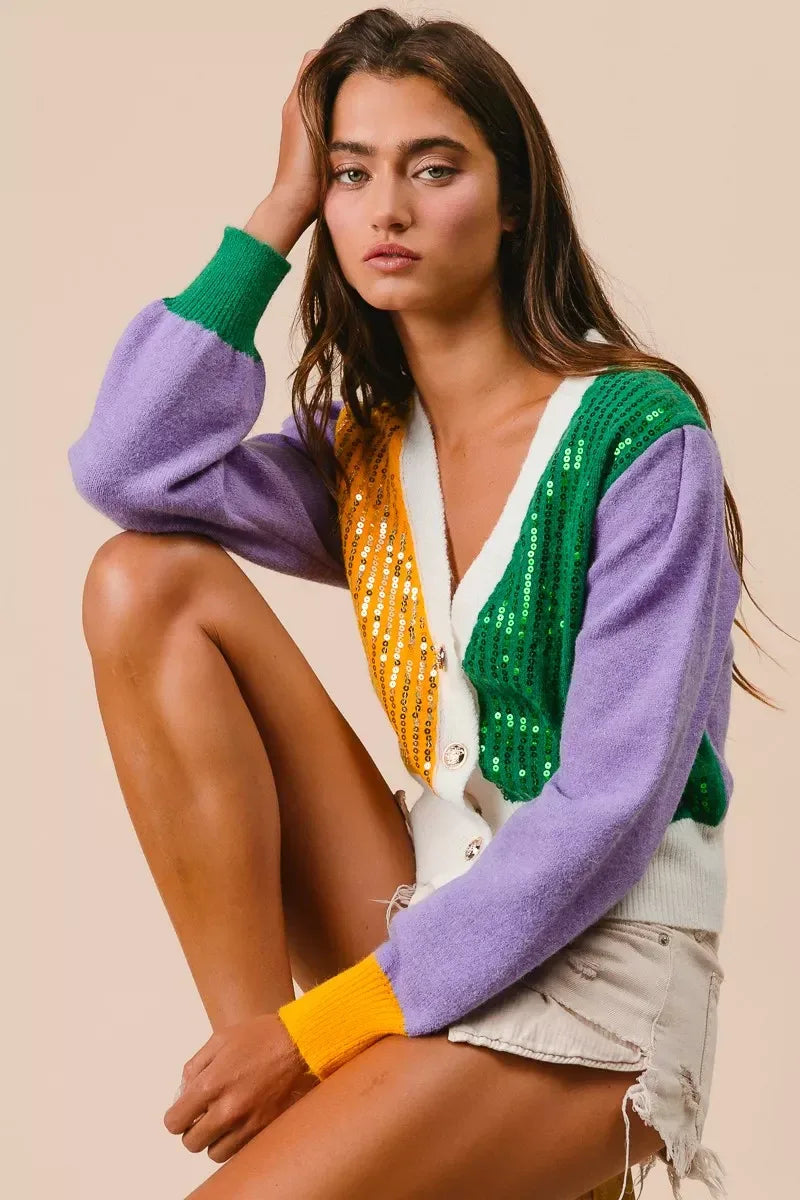 BiBi Mardi Gras Color Block Sequin Sweater Cardigan - Trendsi - Flyclothing LLC