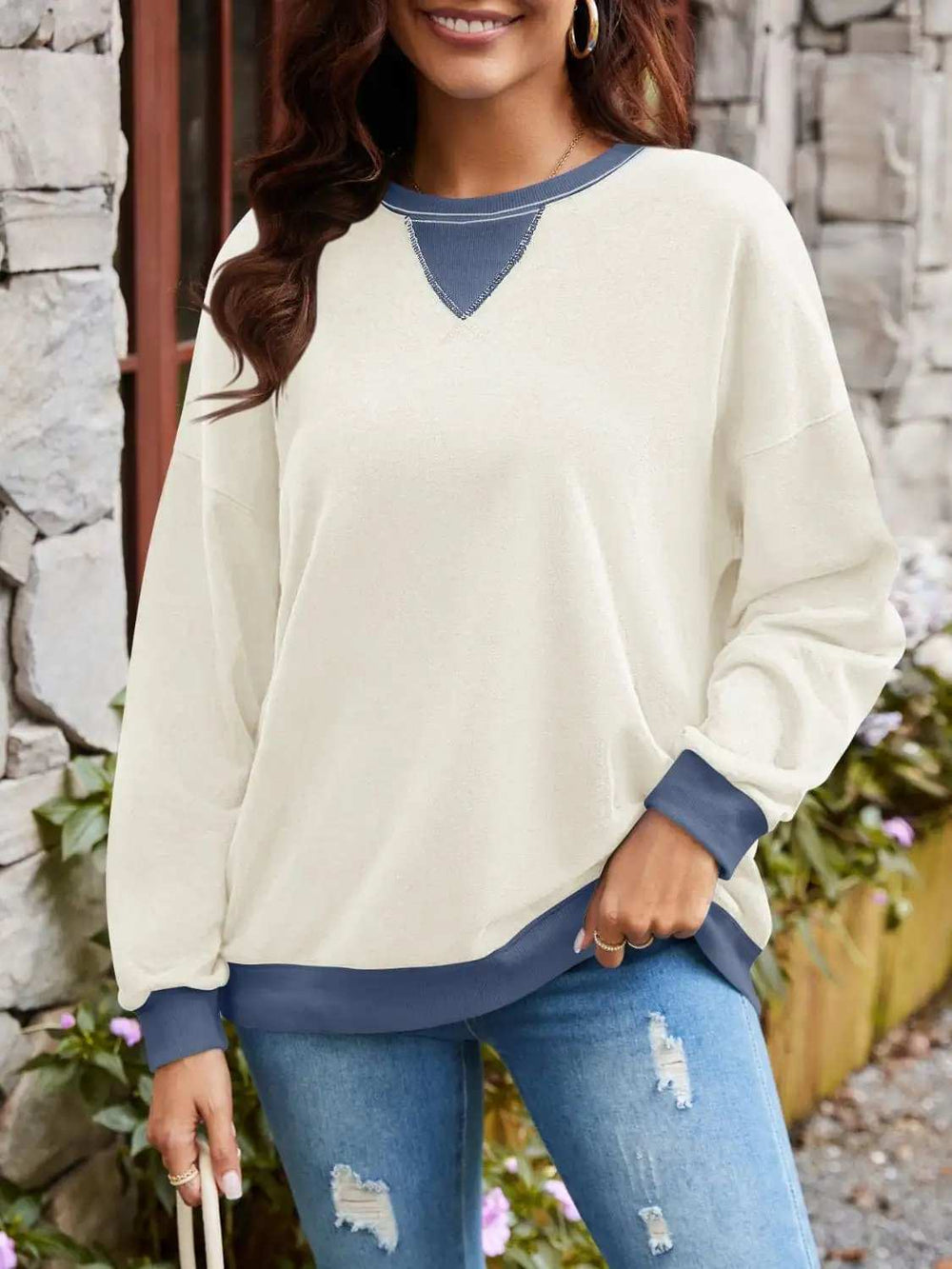 Contrast Round Neck Long Sleeve Sweatshirt - Trendsi - Flyclothing LLC