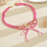 Beaded Three-Layered Necklace with Bow and Starfish Charms - Trendsi - Flyclothing LLC