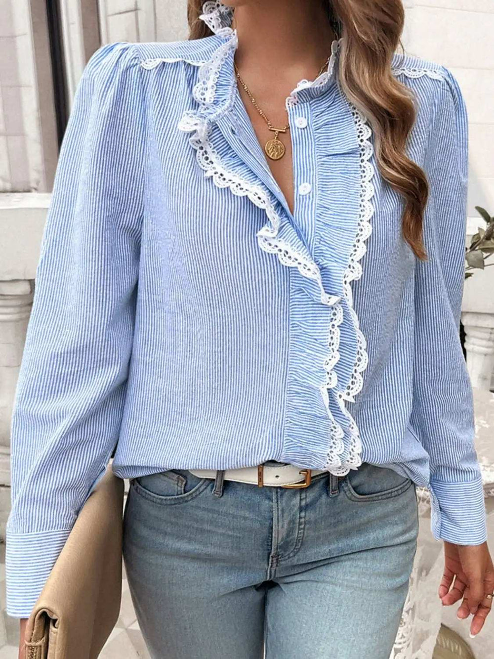 Lace Detail Ruffled Round Neck Long Sleeve Shirt - Trendsi - Flyclothing LLC