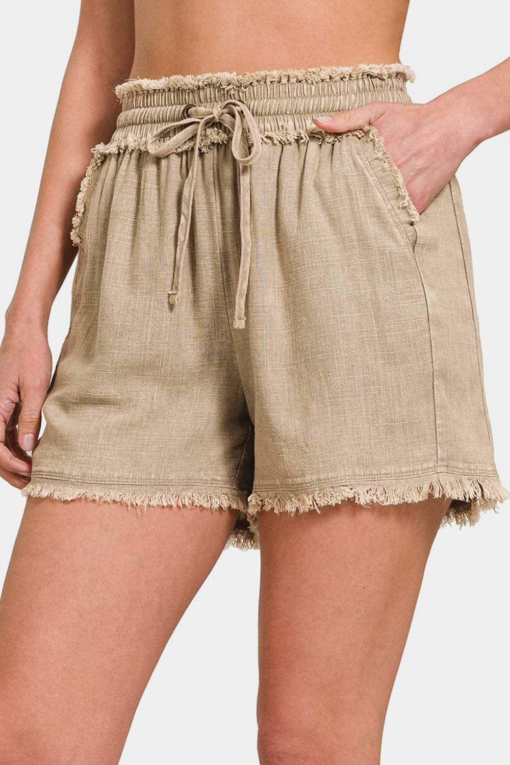 Zenana Washed Linen Frayed Hem Drawstring Shorts - Trendsi - Flyclothing LLC