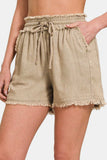 Zenana Washed Linen Frayed Hem Drawstring Shorts - Trendsi - Flyclothing LLC