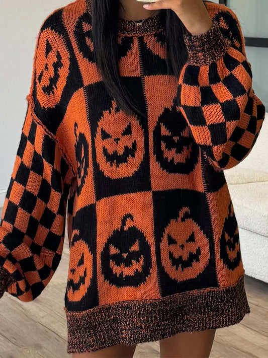 Exposed Seam Pumpkin Round Neck Long Sleeve Sweater - Trendsi - Flyclothing LLC