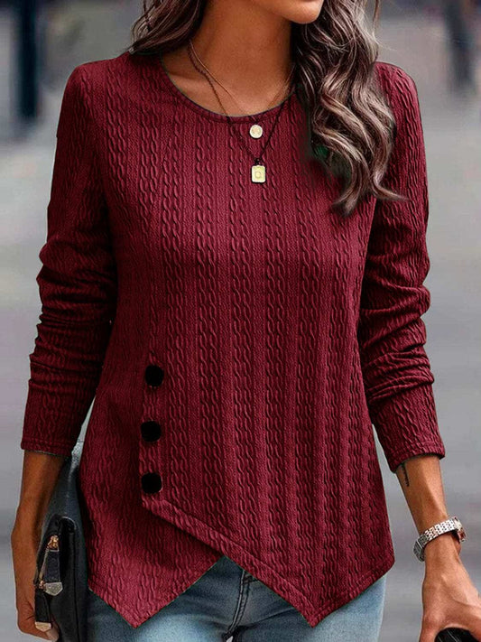 Decorative Button Round Neck Long Sleeve Top - Trendsi - Flyclothing LLC