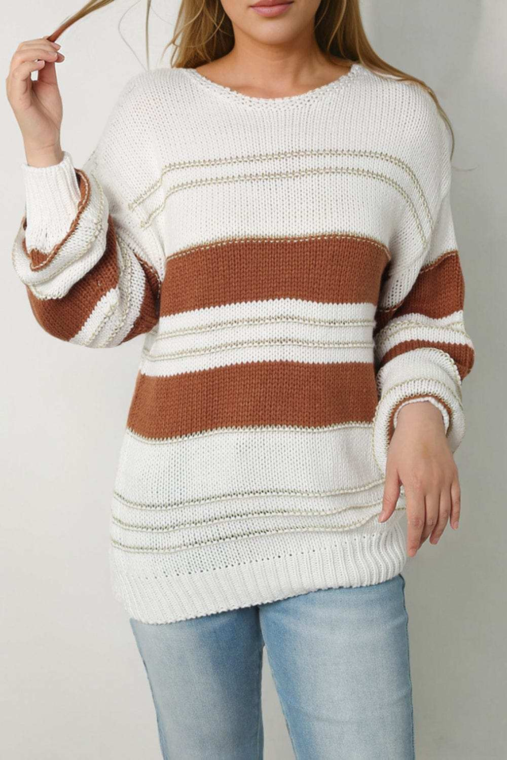 Striped Round Neck Dropped Shoulder Sweater - Trendsi - Flyclothing LLC