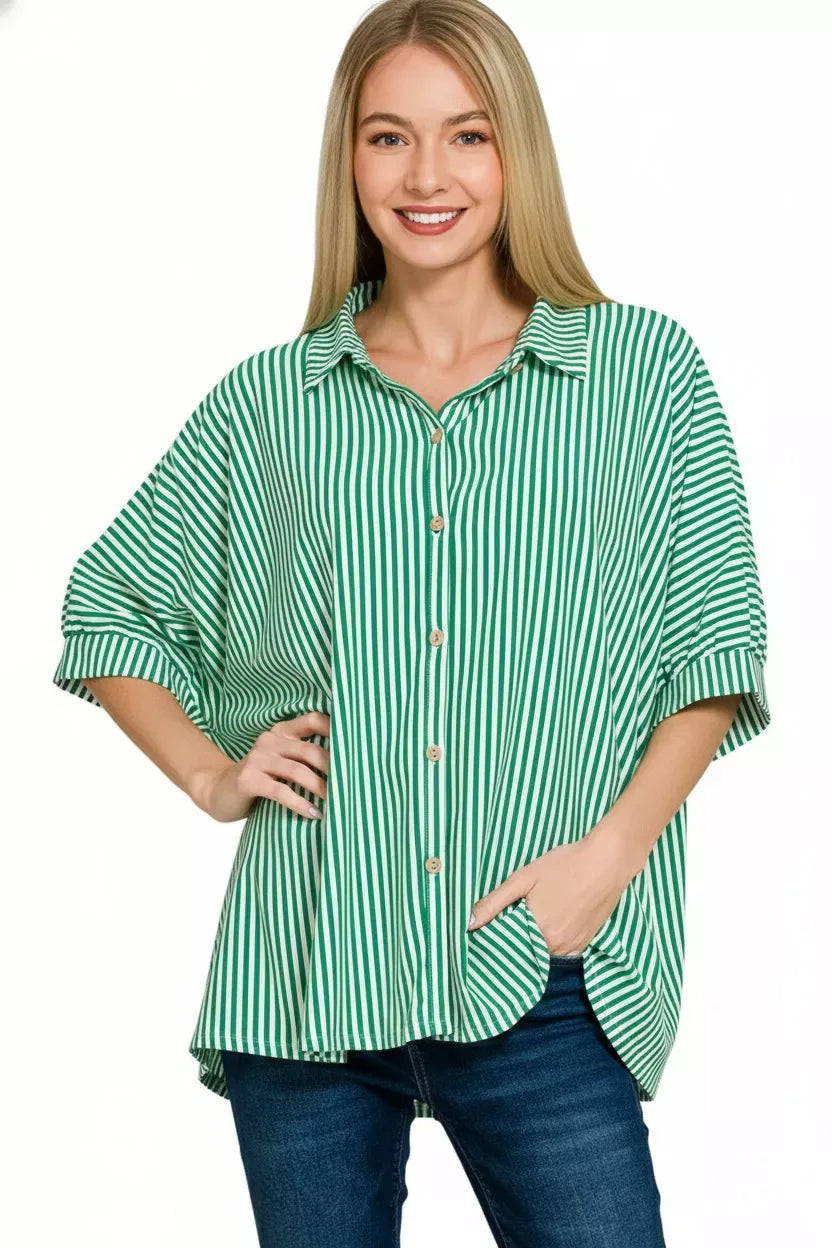 Zenana Oversized Stripe Button Down Shirt - Trendsi - Flyclothing LLC