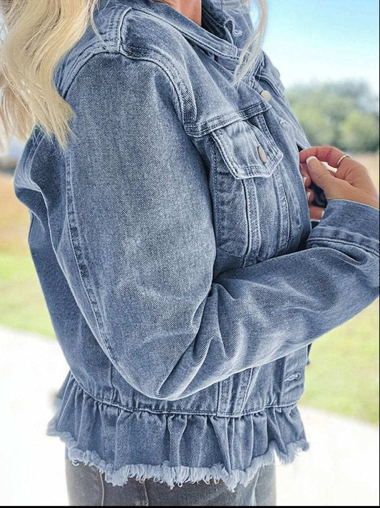 Raw Hem Long Sleeve Denim Jacket - Trendsi - Flyclothing LLC