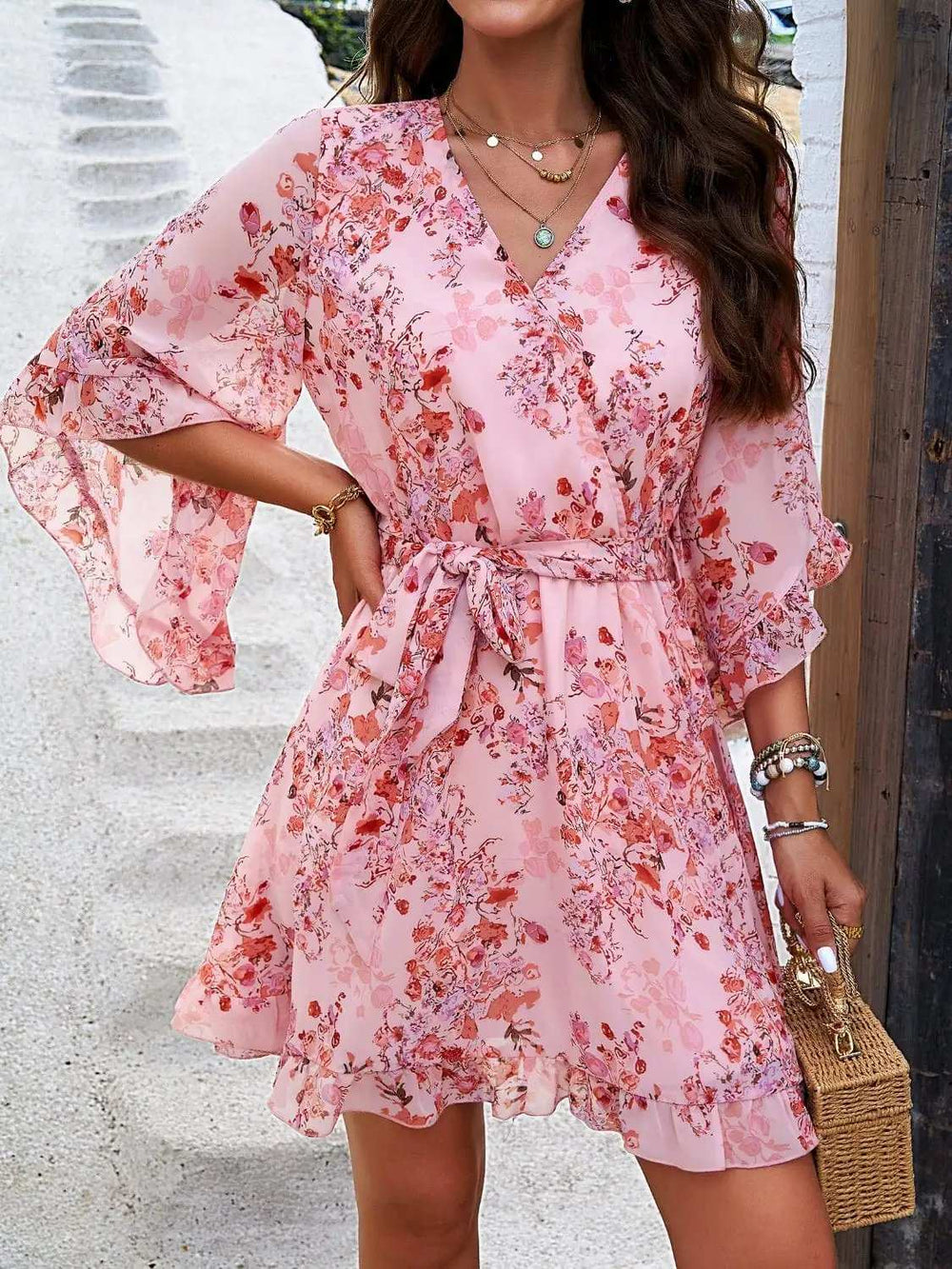 Ruffled Printed Surplice Half Sleeve Mini Dress - Trendsi - Flyclothing LLC