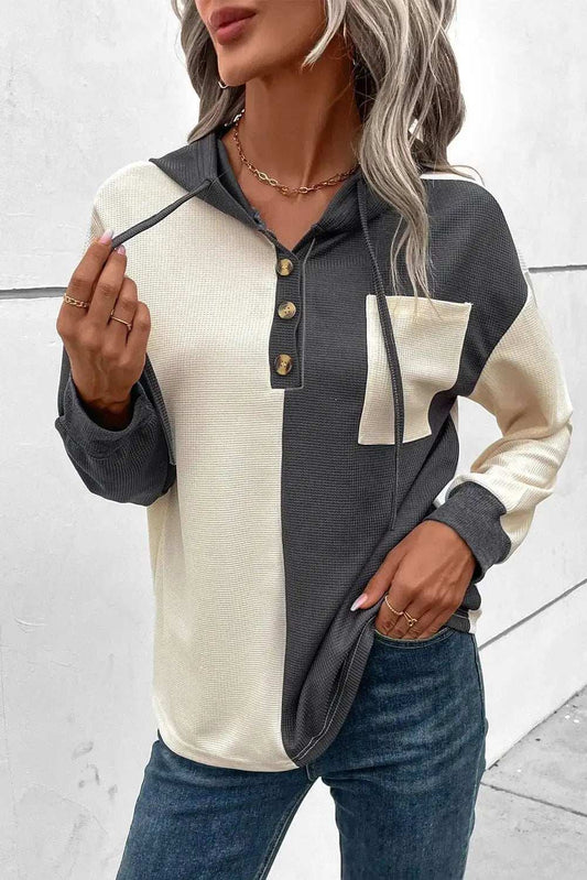 Drawstring Quarter Button Contrast Long Sleeve Hoodie - Trendsi - Flyclothing LLC