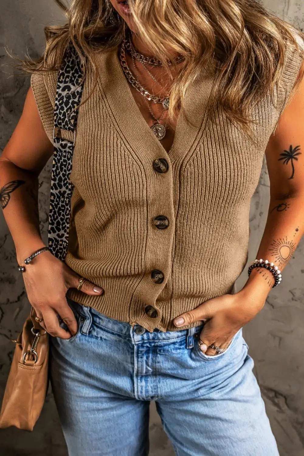 Button Up V-Neck Sweater Vest - Trendsi - Flyclothing LLC