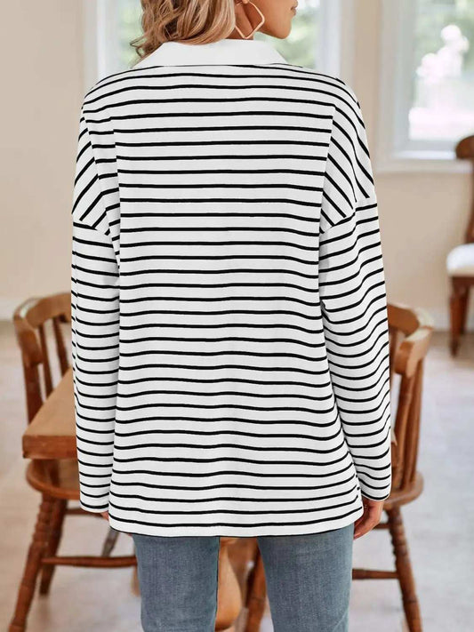 Striped Johnny Collar Long Sleeve T-Shirt - Trendsi - Flyclothing LLC